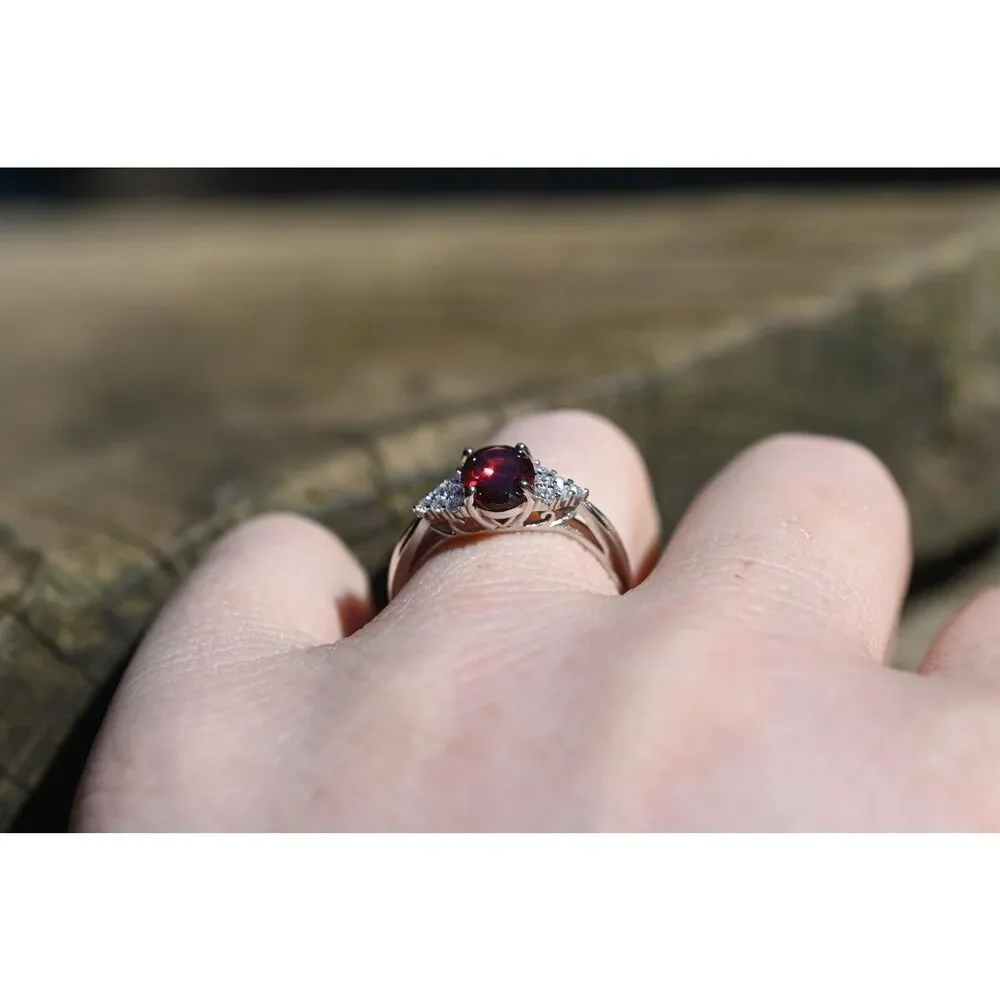 Garnet and white topaz engagement ring size 8 in 925 sterling silver